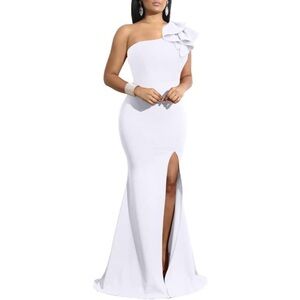 ✨Women's White Sexy Sleeveless One Shoulder Ruffle Evening Long Formal Dress